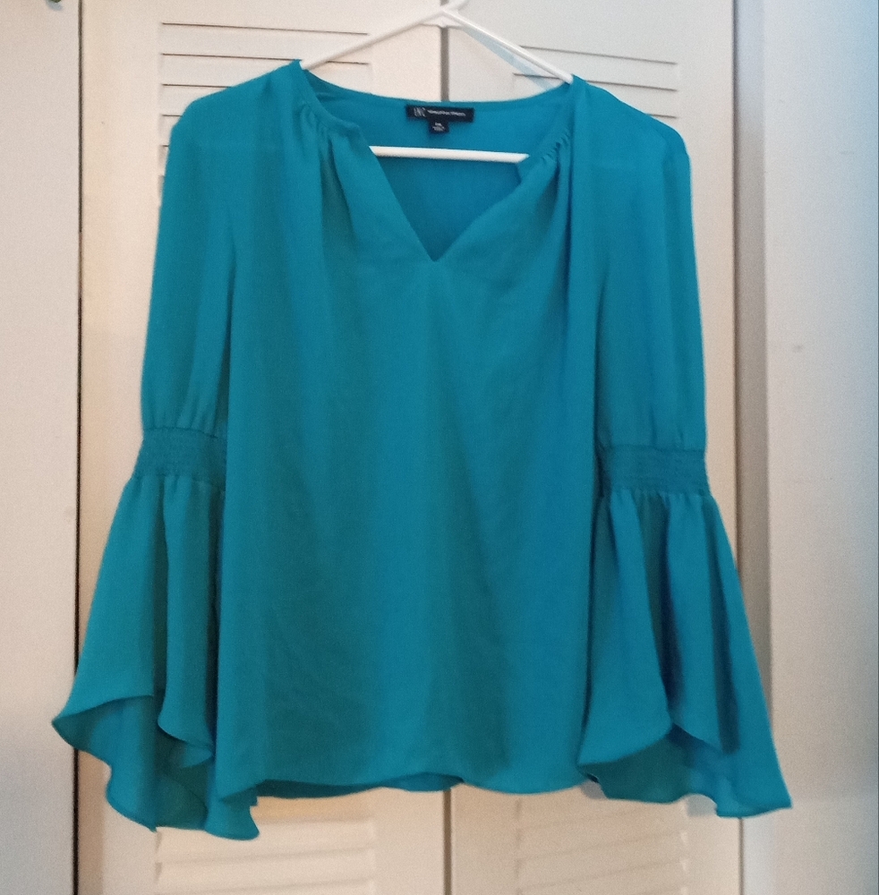INC International Concepts Teal Blouse with Flared Sleeves
